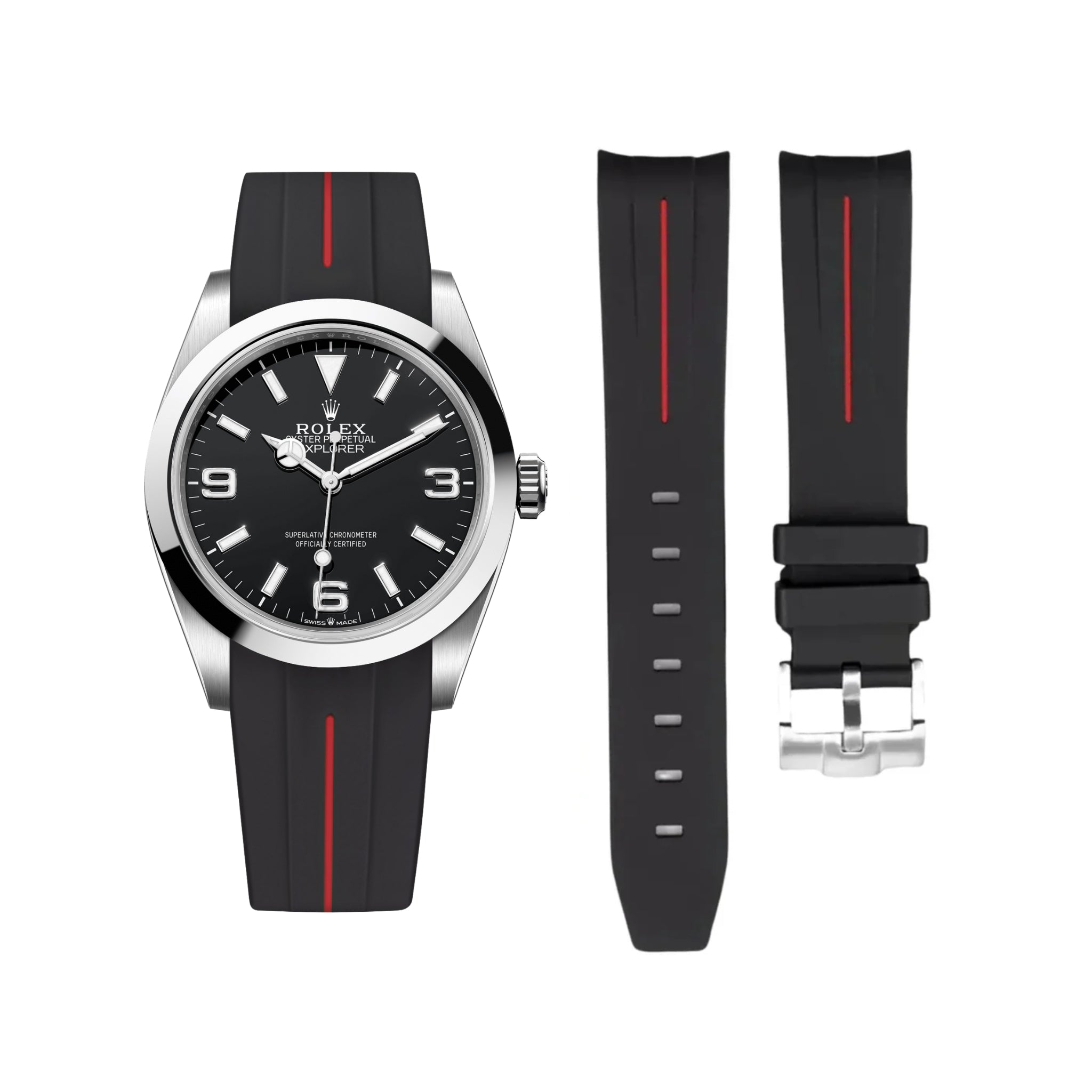 Rubber Strap - For Rolex Explorer I - Black w/Red Line | LuxLine® - Helvetus