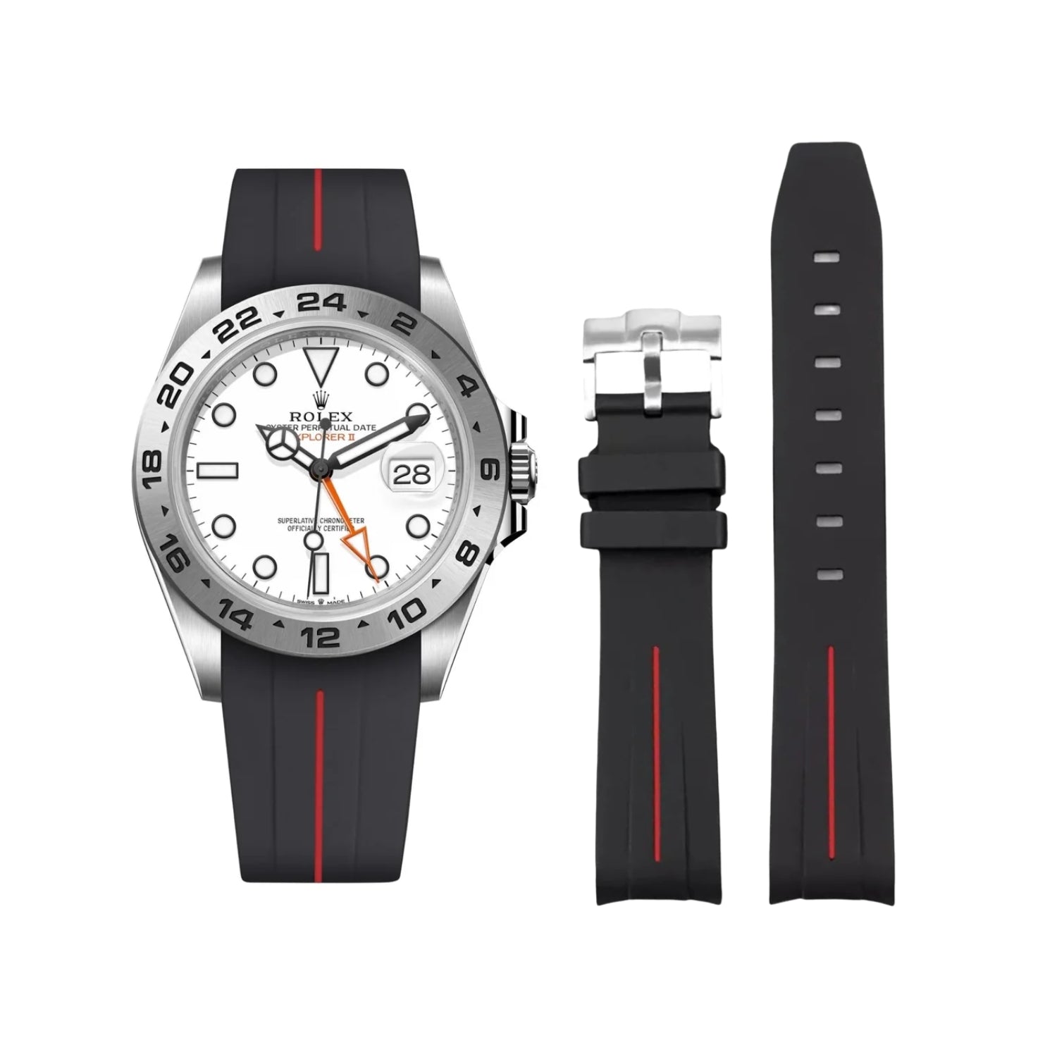 Rubber Strap - For Rolex Explorer II - Black w/Red Line | LuxLine® - Helvetus