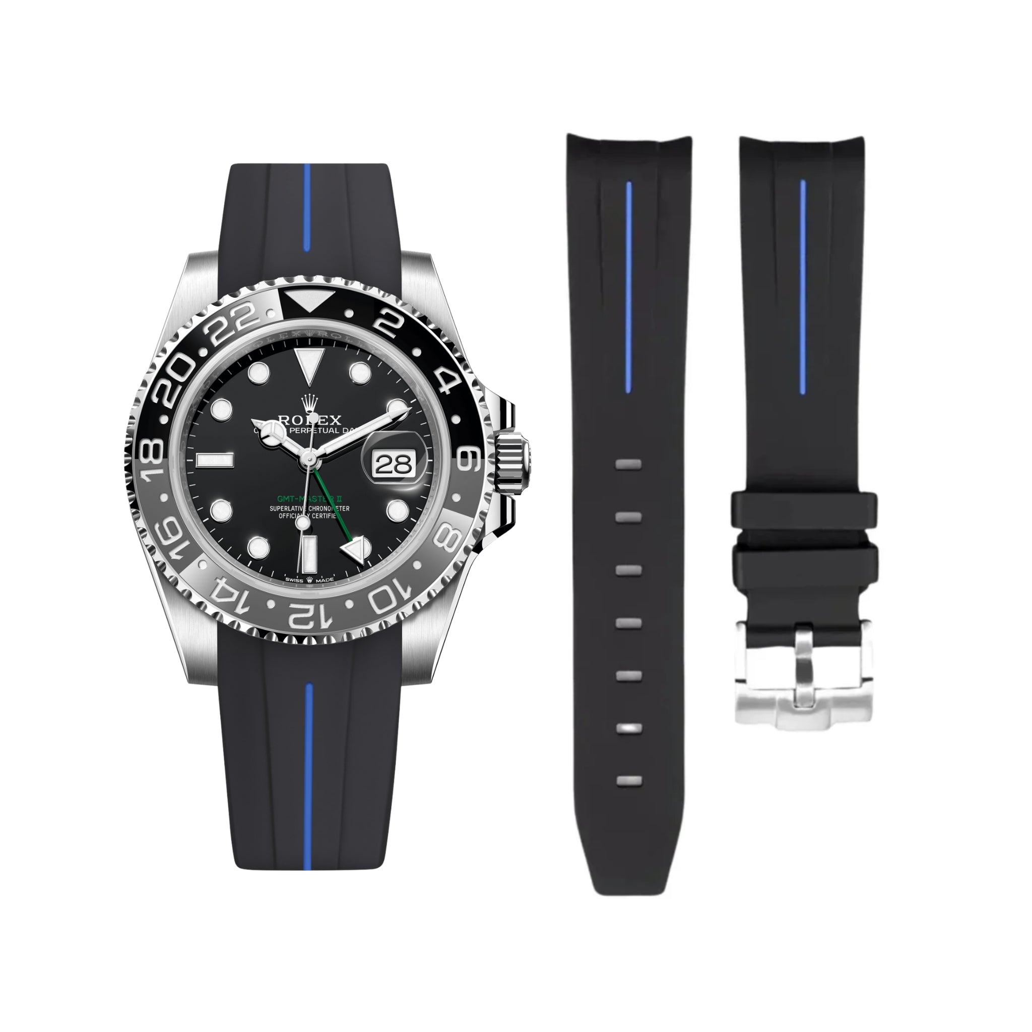 Rubber Strap - For Rolex GMT - Master II - Black w/Blue Line | LuxLine® - Helvetus