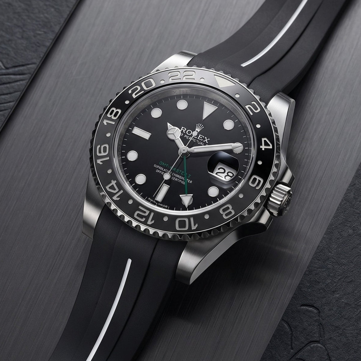 Rubber Strap - For Rolex GMT-Master II - Black w/White Line | LuxLine® - Helvetus