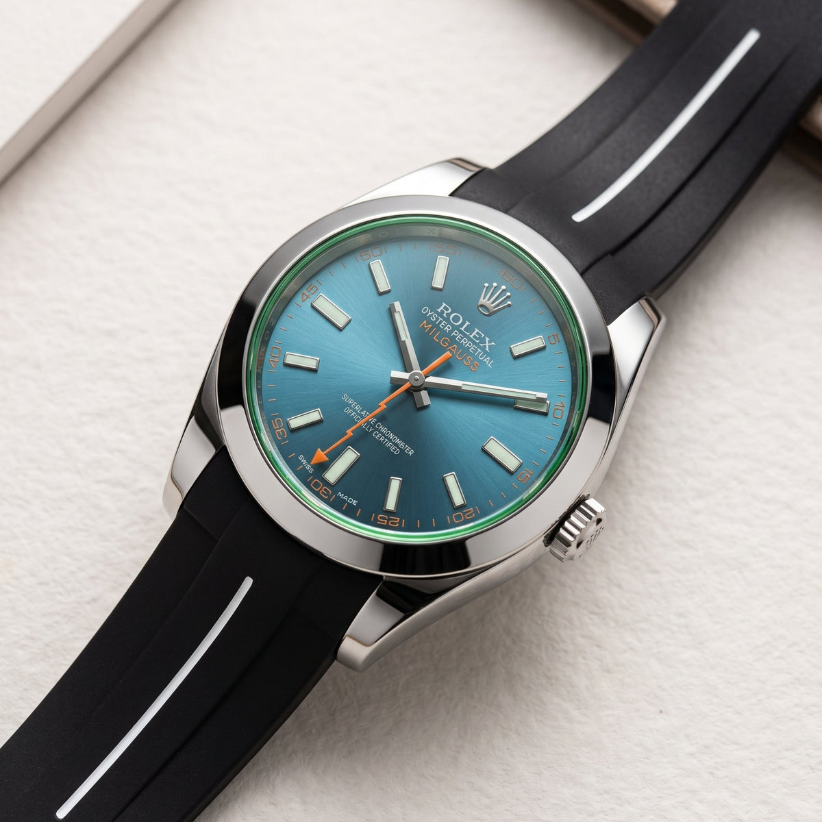 Rubber Strap - For Rolex Milgauss - Black w/White Line | LuxLine® - Helvetus