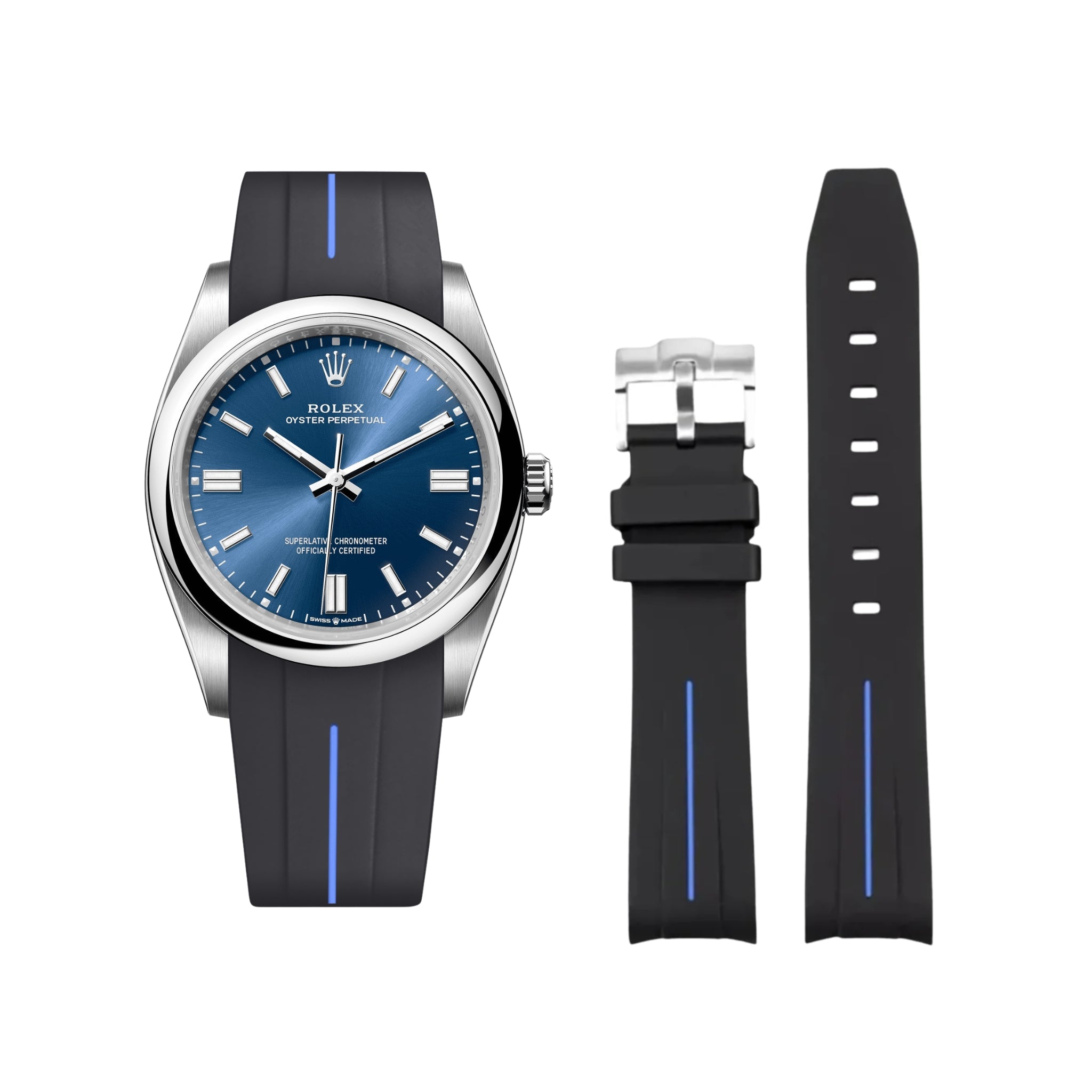 Rubber Strap - For Rolex Oyster Perpetual 36mm - Black w/Blue Line | LuxLine® - Helvetus