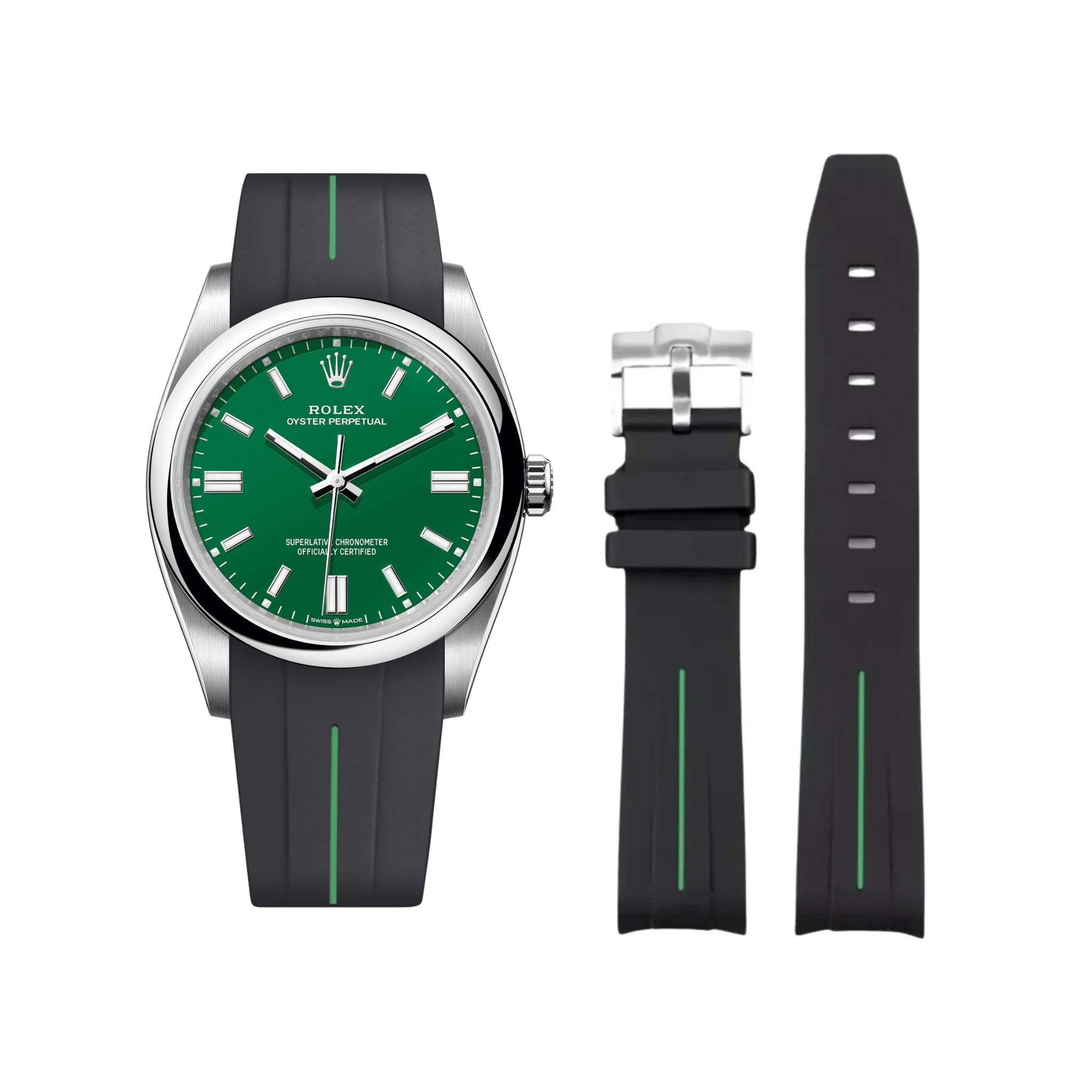 Rubber Strap - For Rolex Oyster Perpetual 36mm - Black w/Green Line | LuxLine® - Helvetus