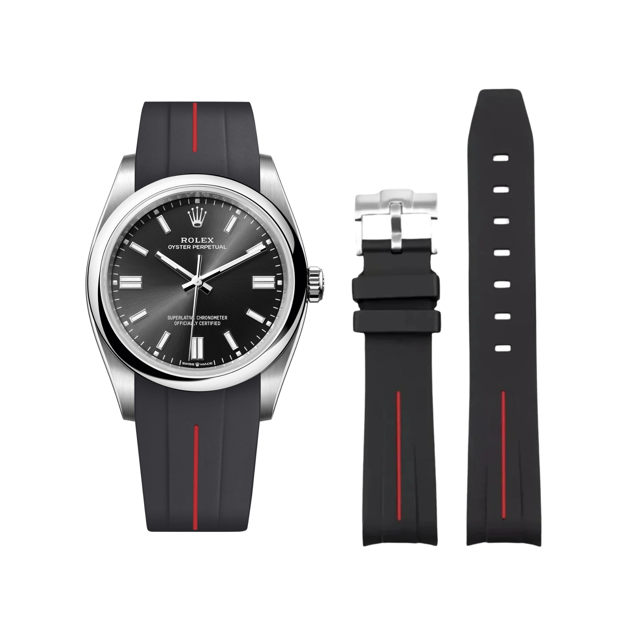 Rubber Strap - For Rolex Oyster Perpetual 36mm - Black w/Red Line | LuxLine® - Helvetus