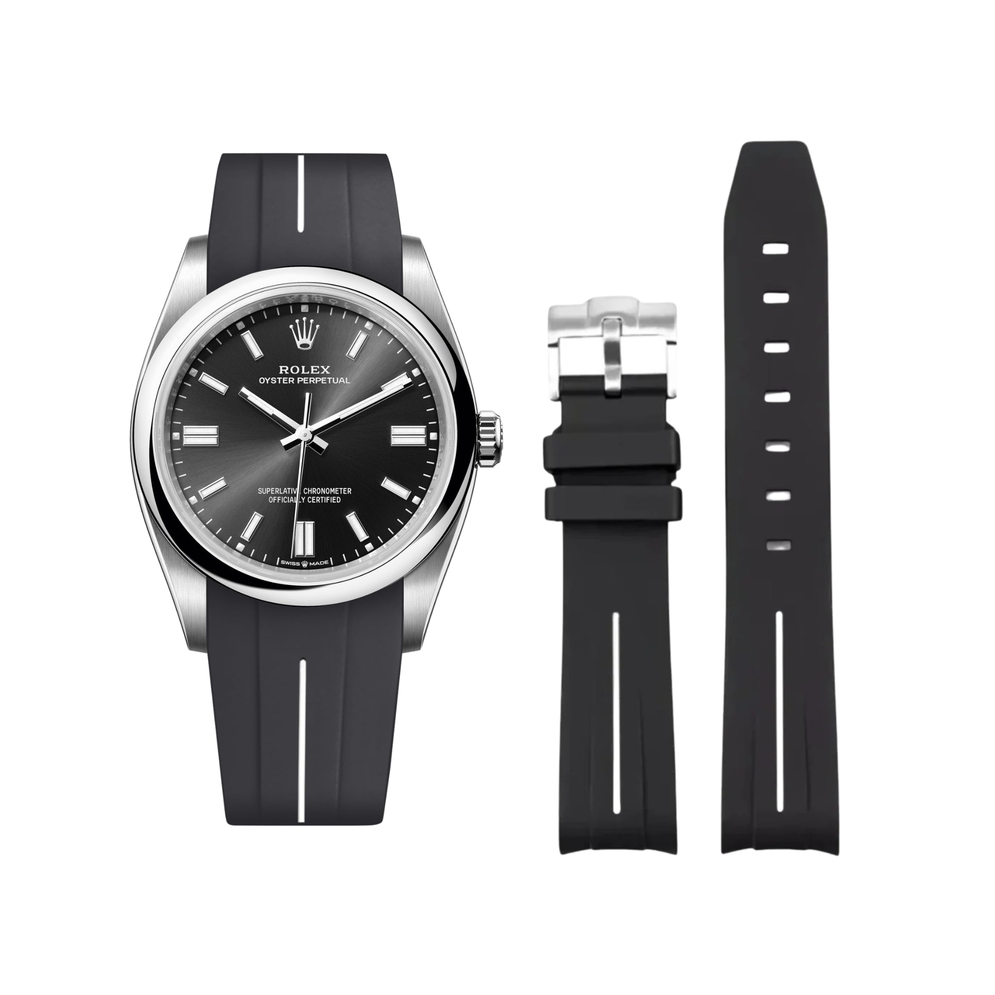 Rubber Strap - For Rolex Oyster Perpetual 36mm - Black w/White Line | LuxLine® - Helvetus