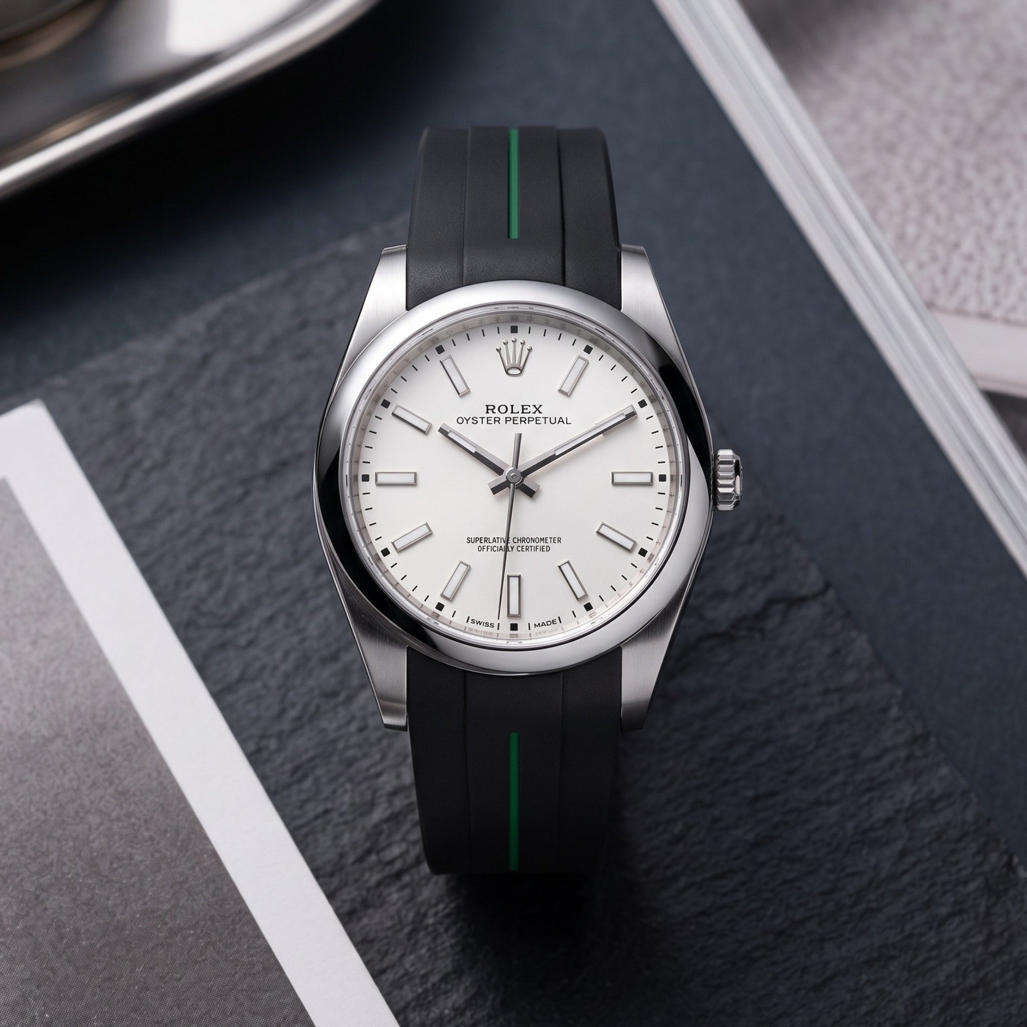 Rubber Strap - For Rolex Oyster Perpetual 39mm - Black w/Green Line | LuxLine® - Helvetus