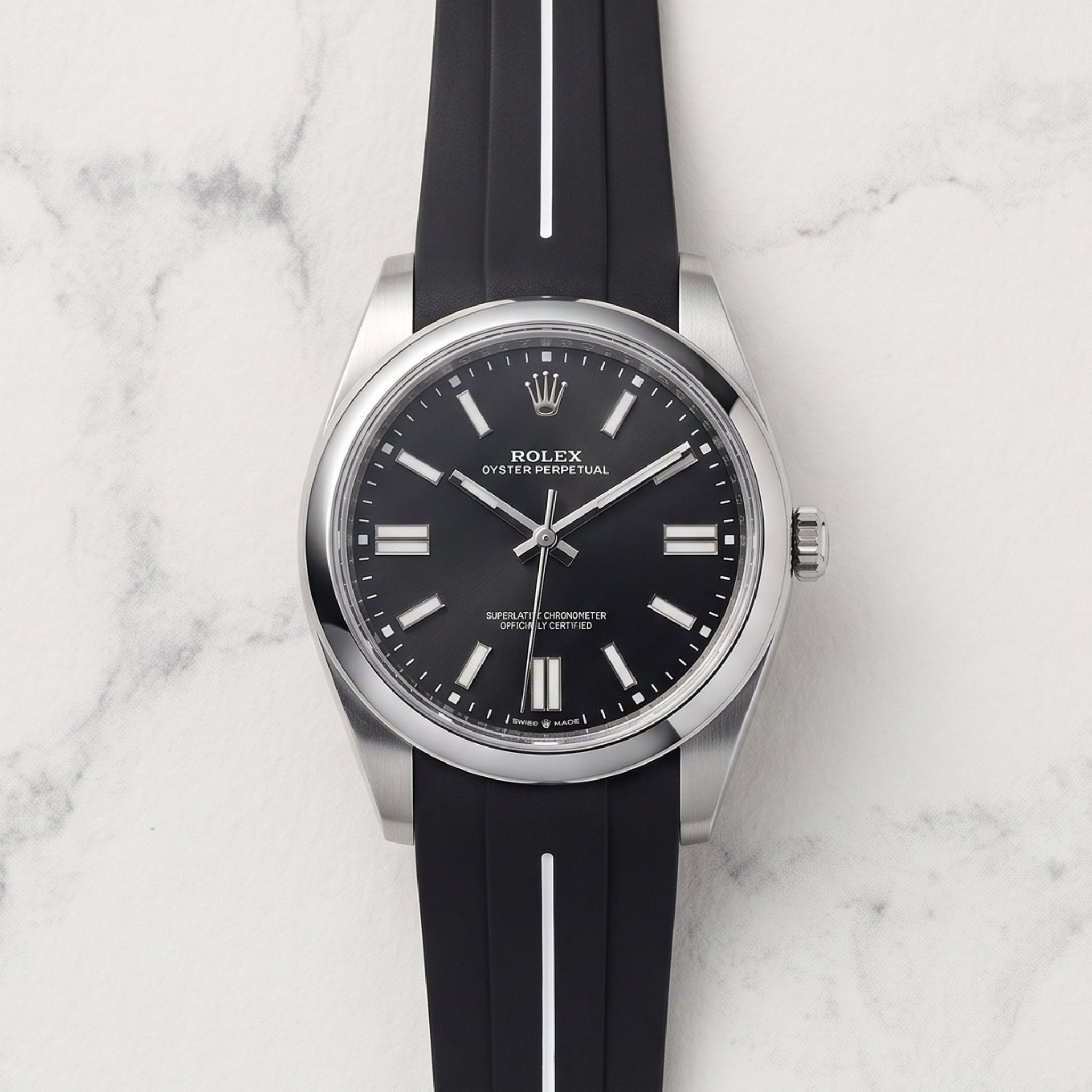 Rubber Strap - For Rolex Oyster Perpetual 41mm - Black w/White Line | LuxLine® - Helvetus