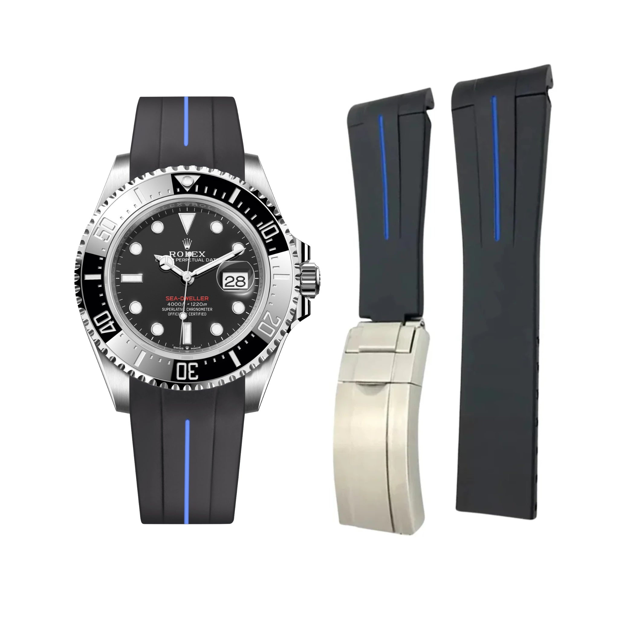 Rubber Strap - For Rolex Sea - Dweller - Black w/Blue Line | LuxLine® - Helvetus