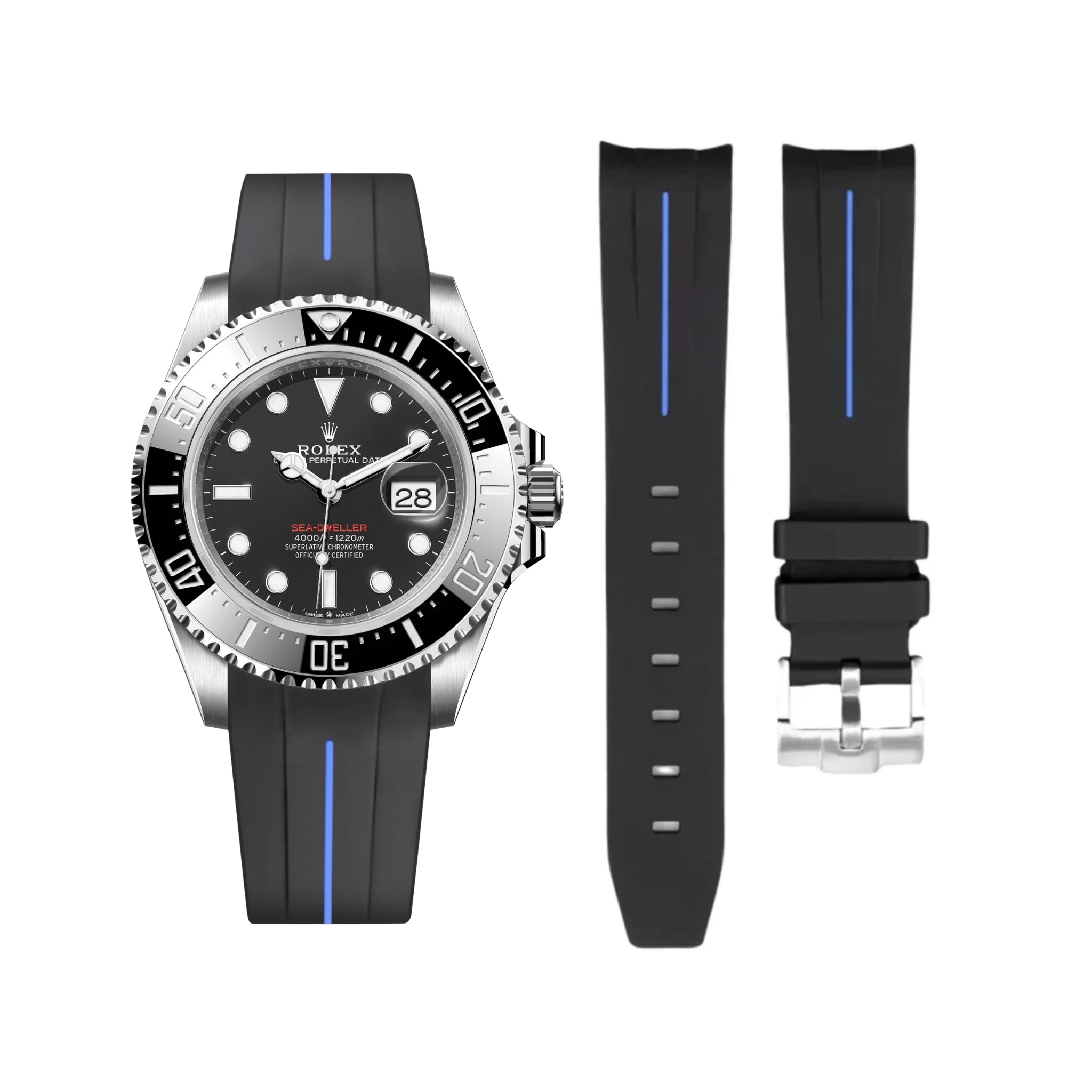 Rubber Strap - For Rolex Sea - Dweller - Black w/Blue Line | LuxLine® - Helvetus