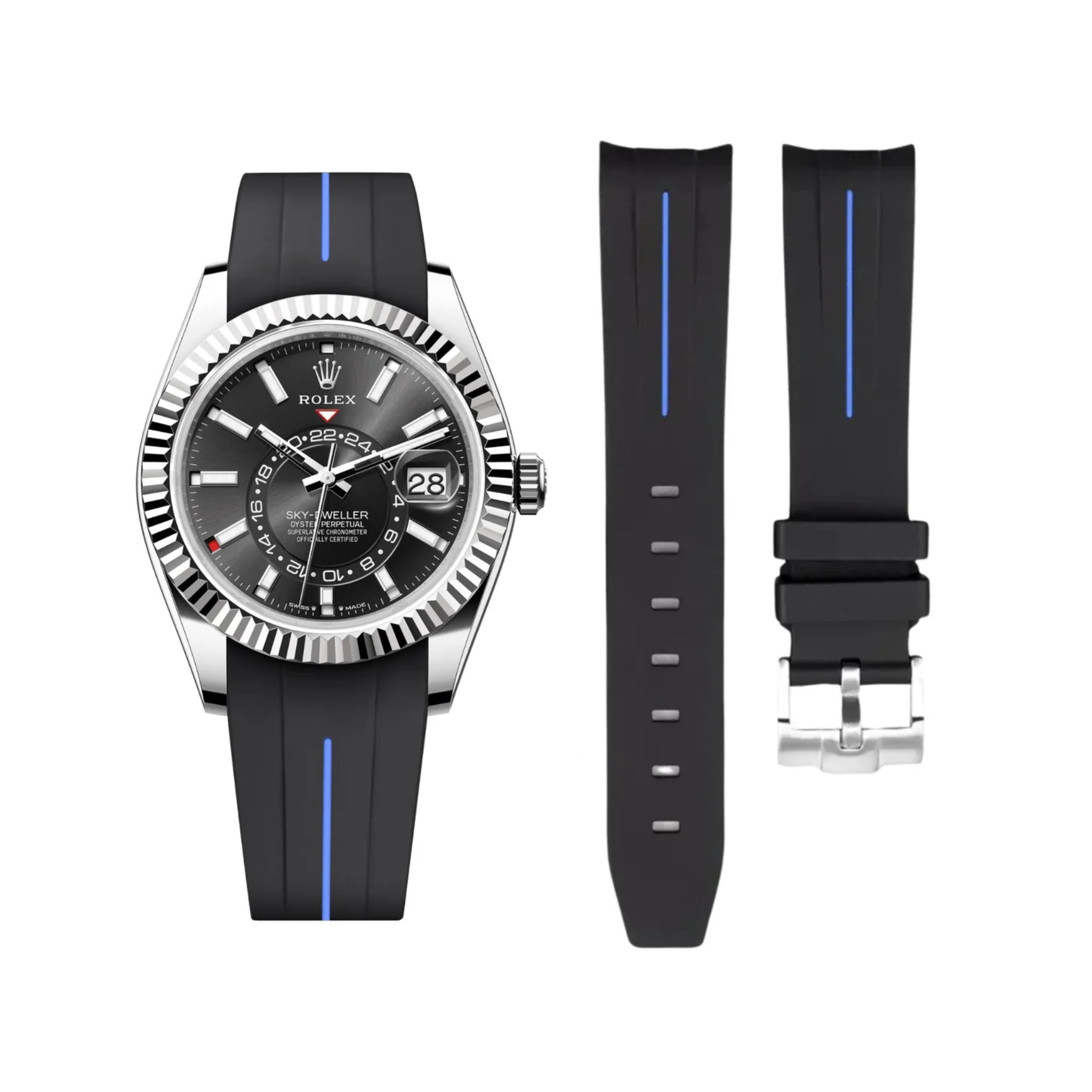 Rubber Strap - For Rolex Sky - Dweller - Black w/Blue Line | LuxLine® - Helvetus