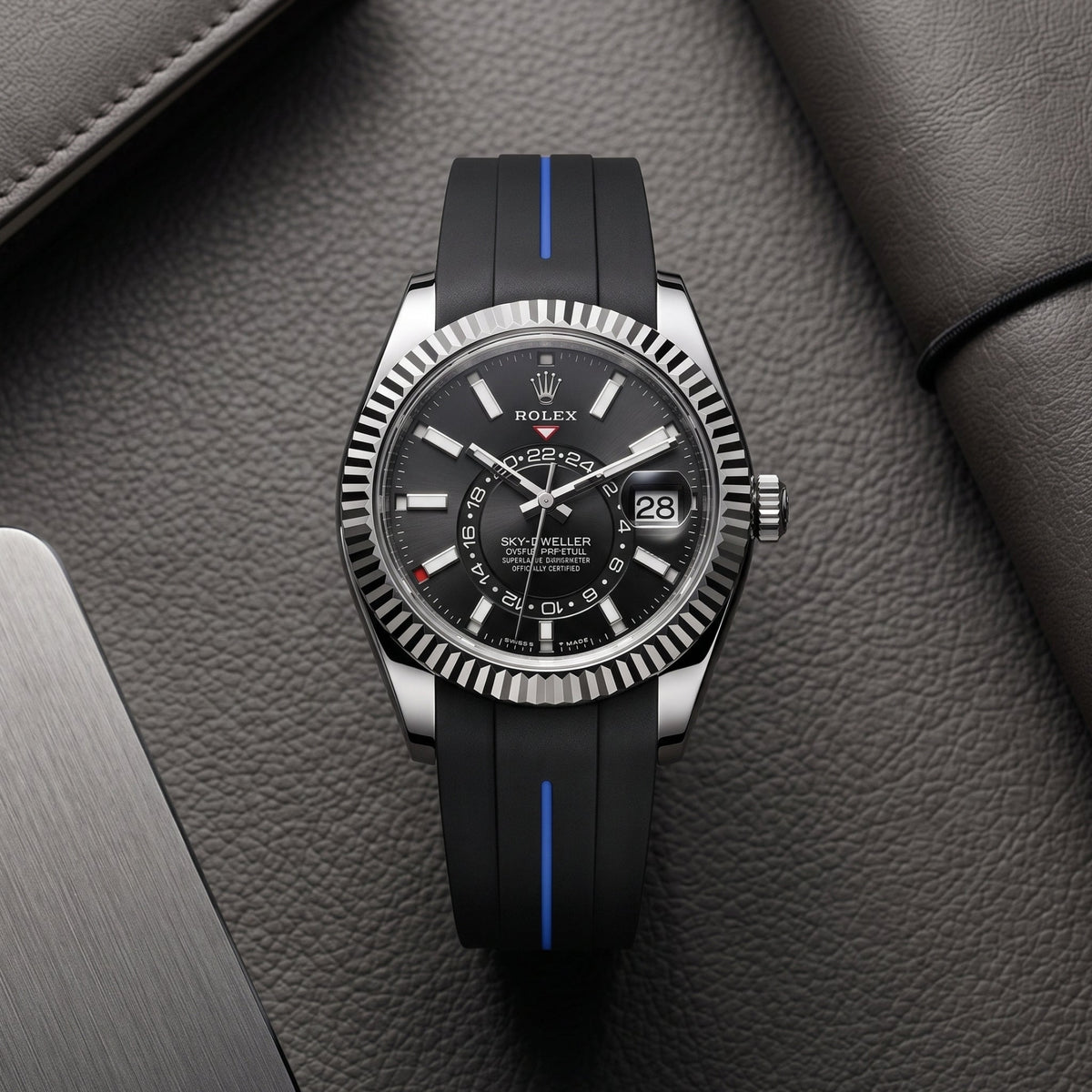 Rubber Strap - For Rolex Sky-Dweller - Black w/Blue Line | LuxLine® - Helvetus