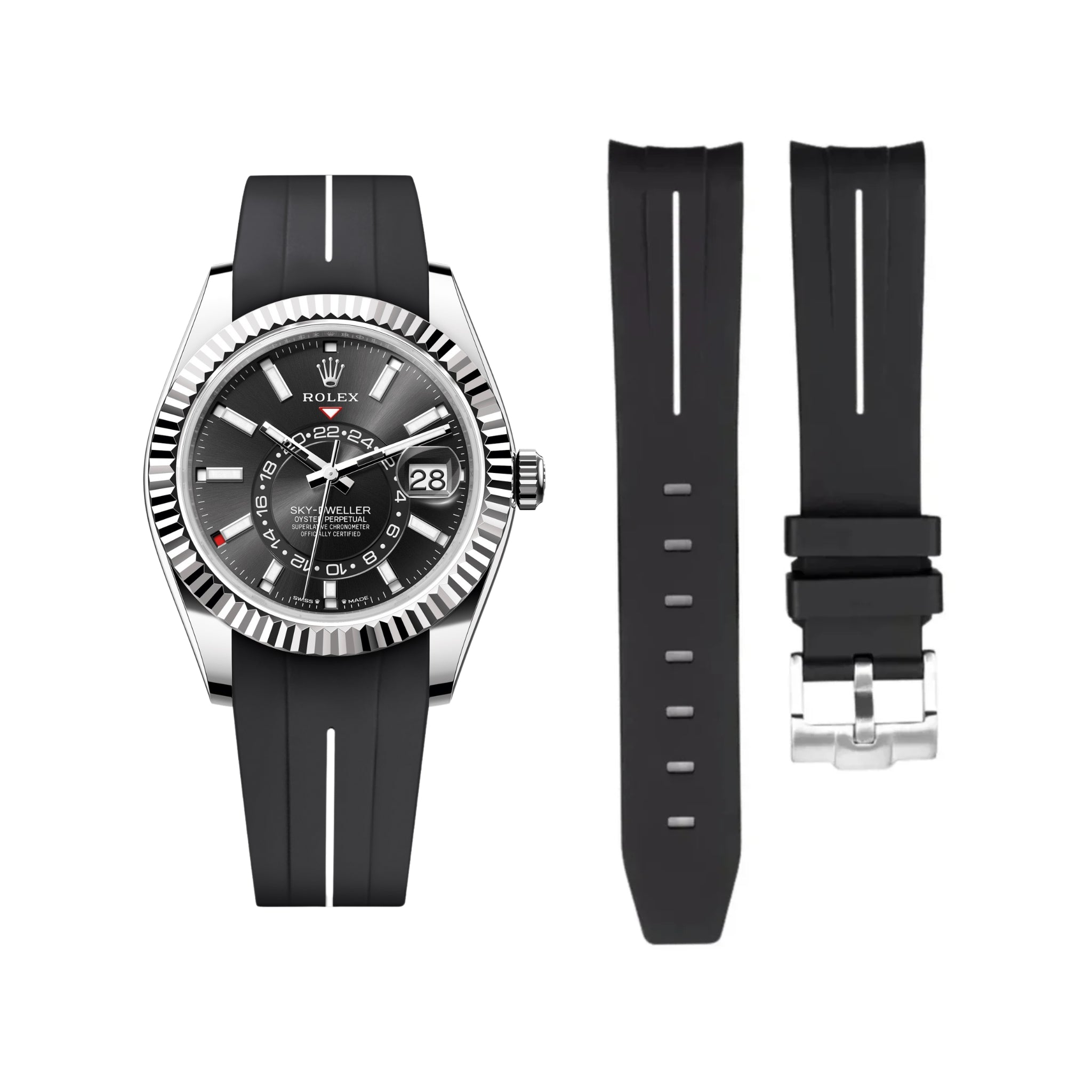 Rubber Strap - For Rolex Sky - Dweller - Black w/White Line | LuxLine® - Helvetus