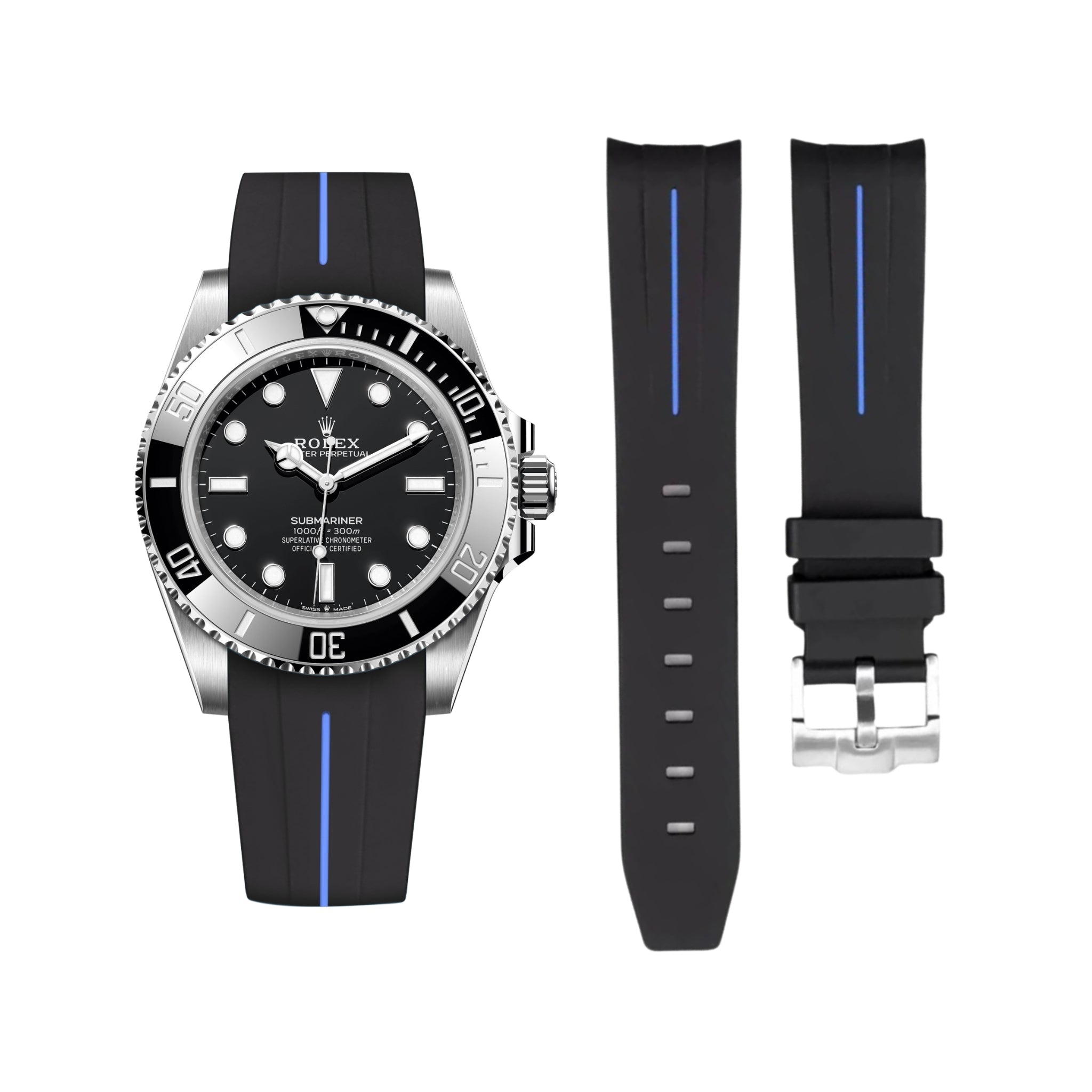 Rubber Strap - For Rolex Submariner - Black w/Blue Line | LuxLine® - Helvetus