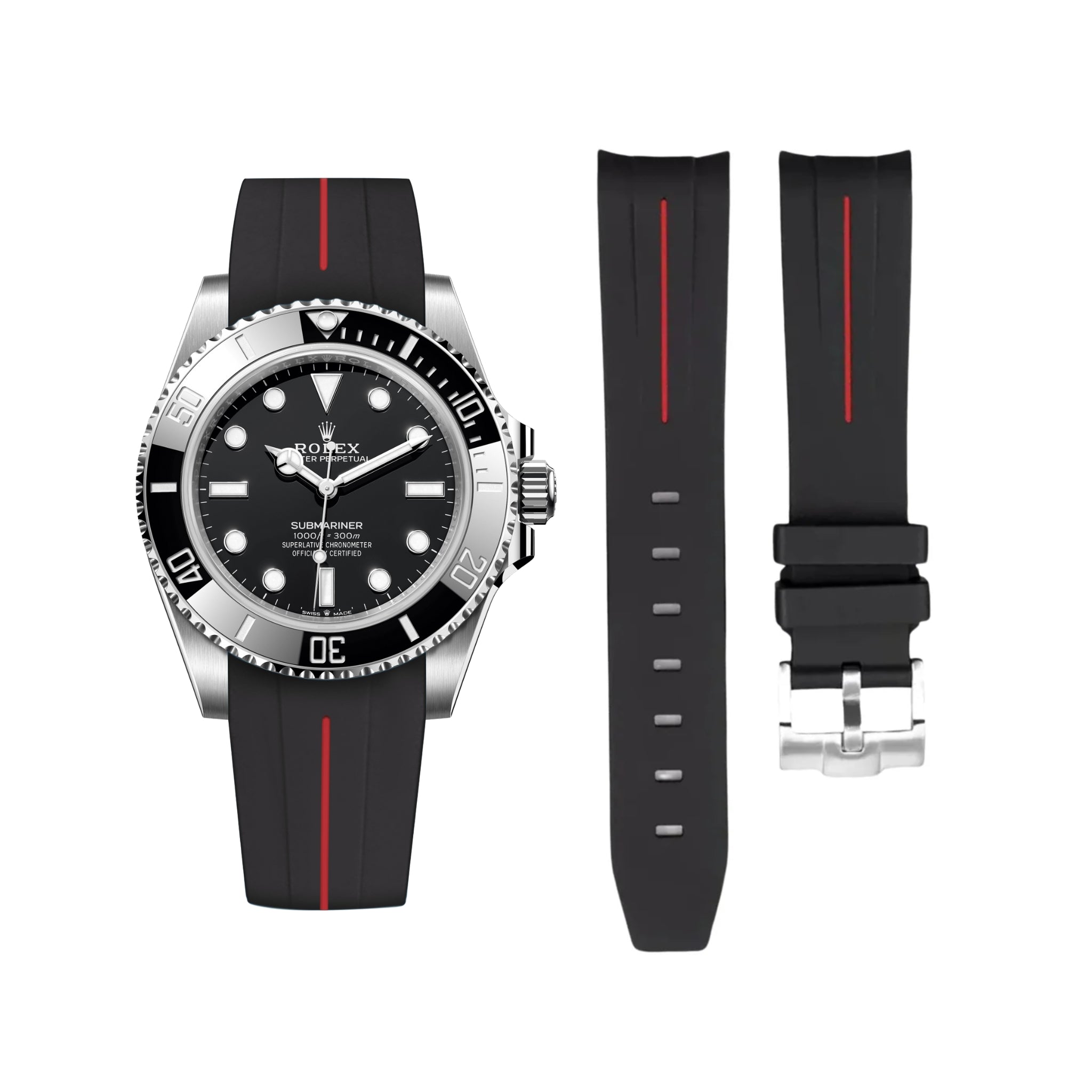 Rubber Strap - For Rolex Submariner - Black w/Red Line | LuxLine® - Helvetus