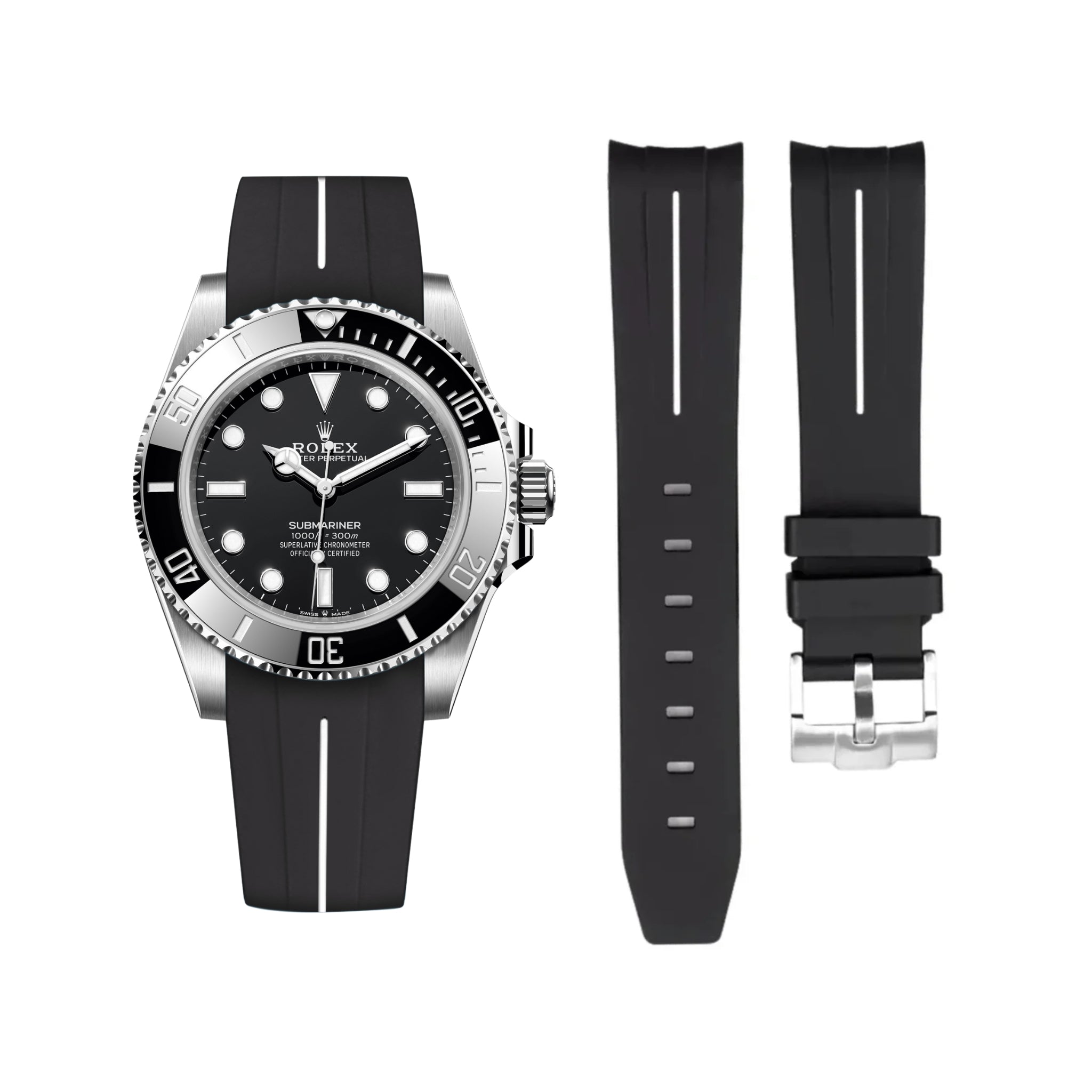 Rubber Strap - For Rolex Submariner - Black w/White Line | LuxLine® - Helvetus