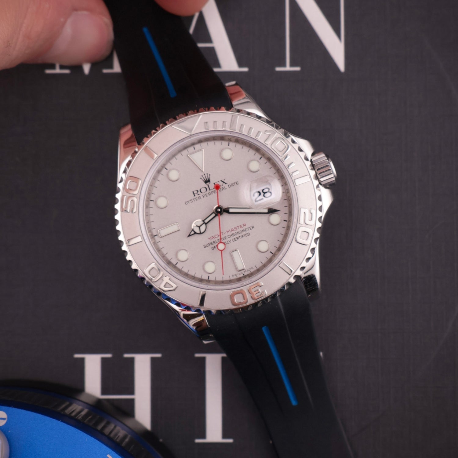 Rubber Strap - For Rolex Yacht - Master 40mm/42mm - Black w/Blue Line | LuxLine® - Helvetus