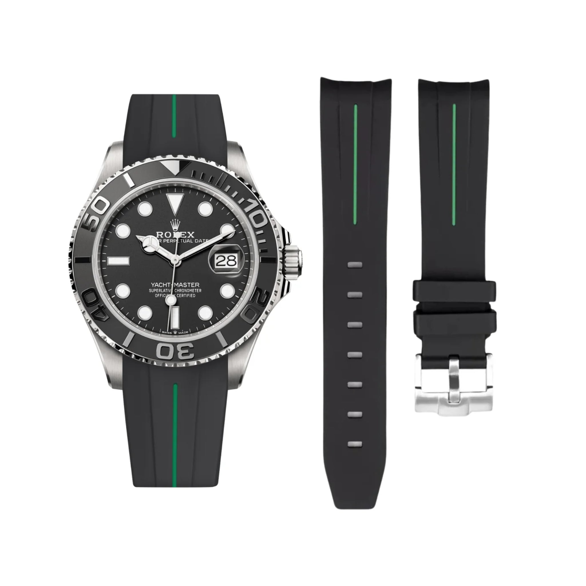 Rubber Strap - For Rolex Yacht - Master 40mm/42mm - Black w/Green Line | LuxLine® - Helvetus