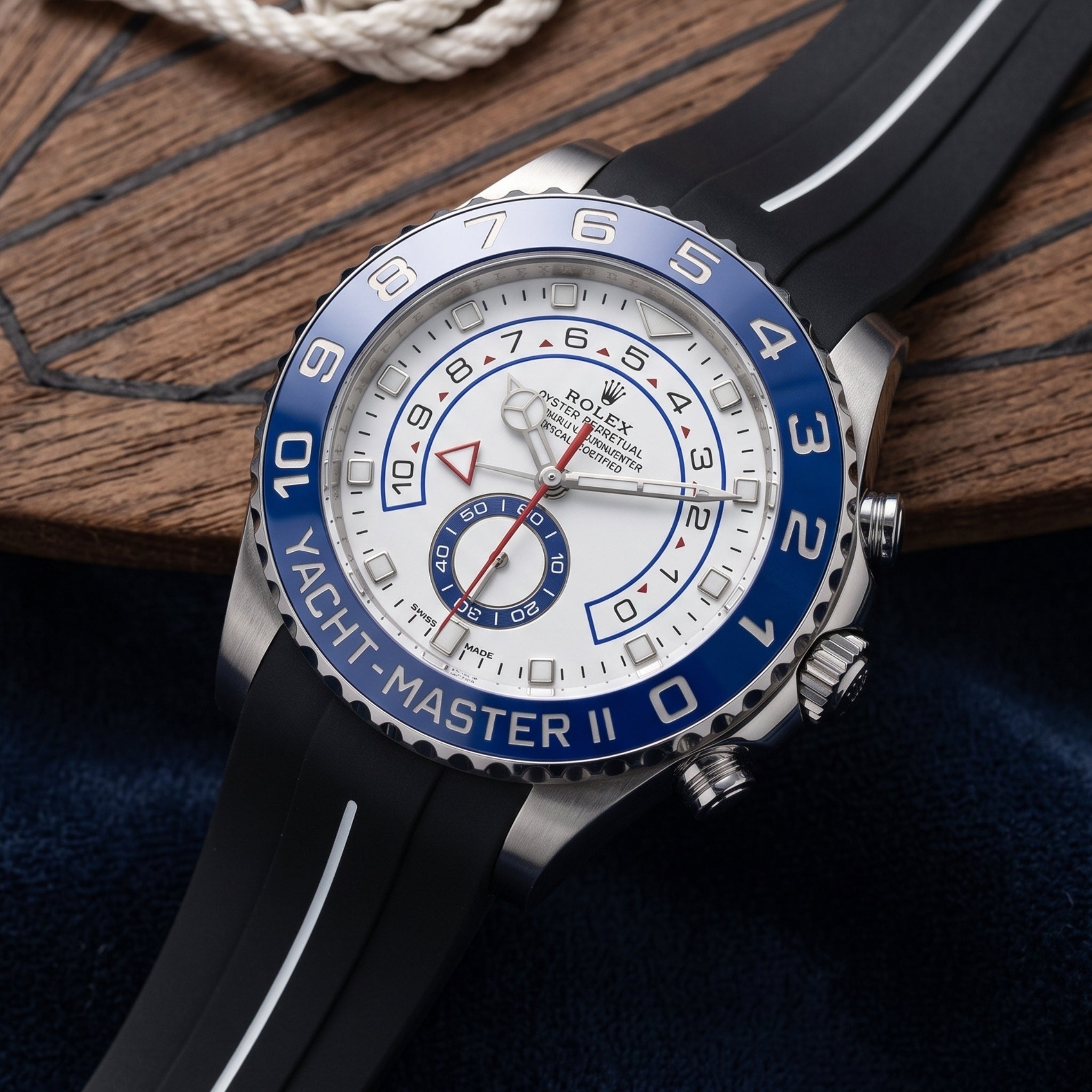 Rubber Strap - For Rolex Yacht-Master II 44mm - Black w/White Line | LuxLine® - Helvetus